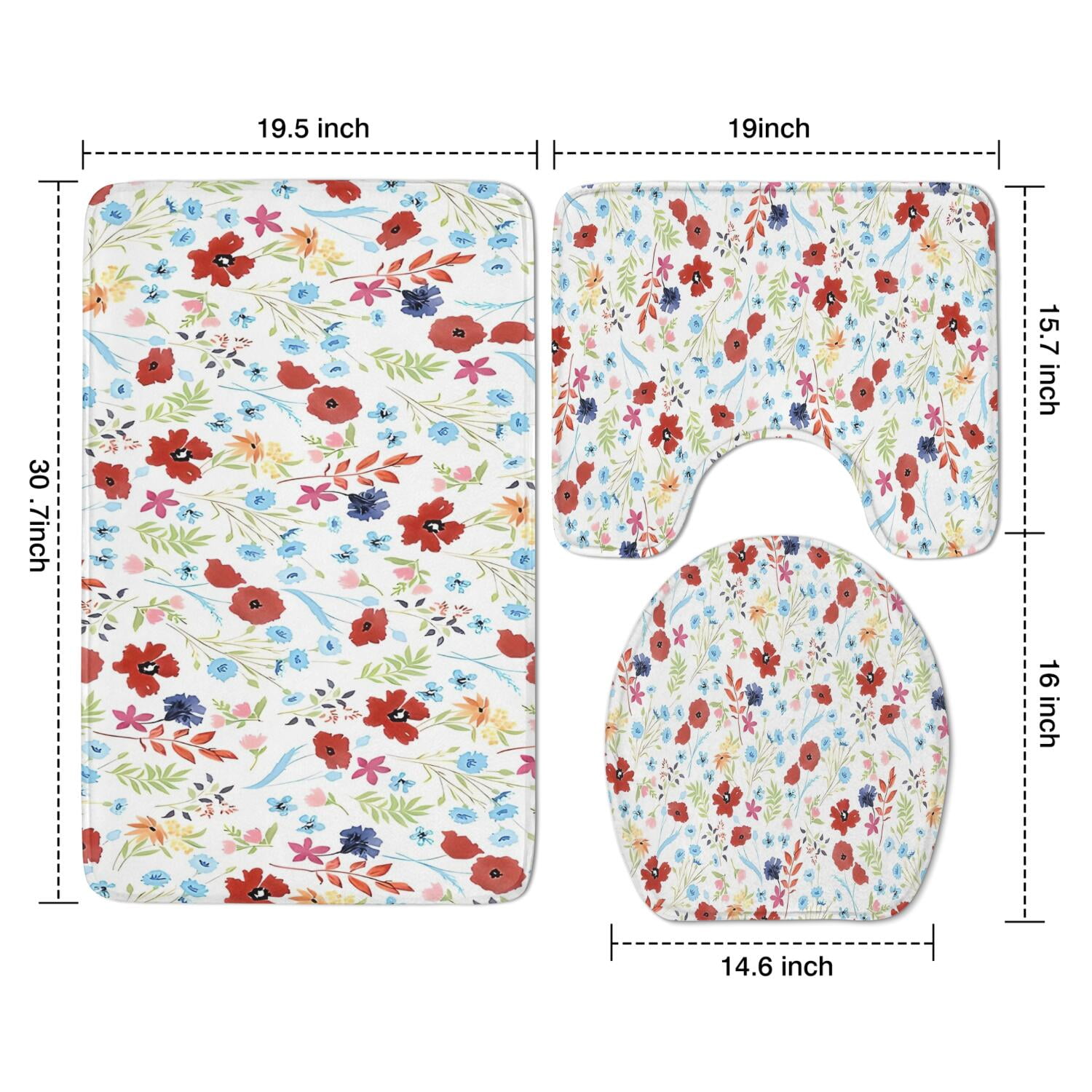 Pioneer Flower Floral Print Pattern Bathroom Rugs Sets 3 Piece,Toilet Cover Set,Absorbent Non Slip Bathroom Mats Sets with U-Shaped Contour Rug Toilet Rug Set