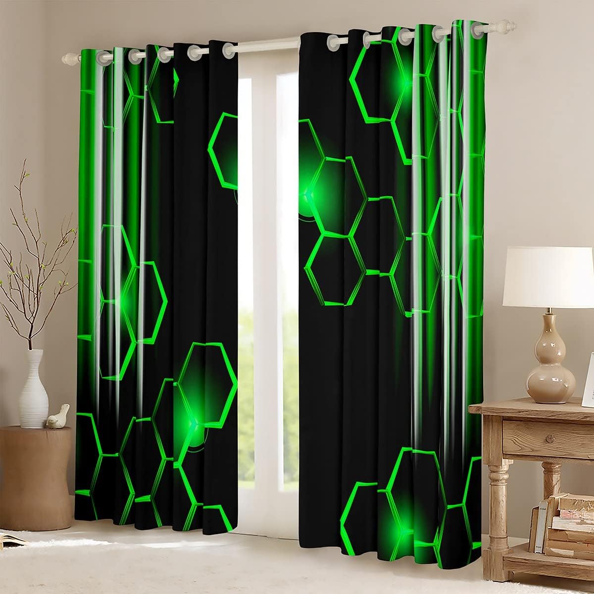 Honeycomb Curtains (2 Panels, 52 x 63 Inch) Modern Hexagon Theme Green Curtains Strip Lines Darkening Dreapes Modern Gradient Black Green Window Treatments 30%-50% Blackout