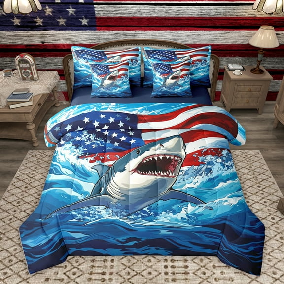 Homewish Kawaii Ocean Shark Twin Bedding Sets 7-Piece for Kids, American Flag Bedding Comforter Set, Cute Cartoon Sealife Reversible Sheet Sets, Luxury Bedroom Decor
