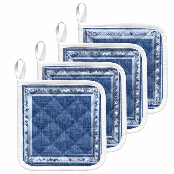 Dark Blue Retro Greek Key Pot Holders for Kitchen Heatproof Potholder, 4 Pack Geometric Greece Ancient Rustic Hot Pads Multipurpose Oven Pads Cloth Potholders Trivet for Cooking and Baking