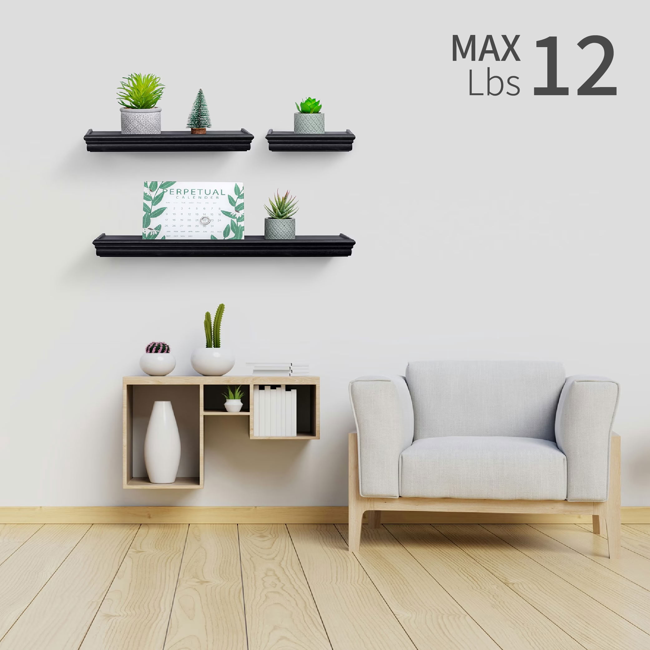 MAYEERTY 3-Piece Floating Shelves with Invisible Brackets, Wood Mounted Display Rack, Modern Wall Organizer for Bedroom Living Room Kitchen