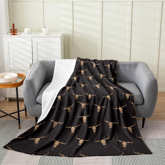 Western Bull Skull Sherpa Throw Blanket Black And White Bohemian Cow Skull Fleece Blanket For Couch Bed