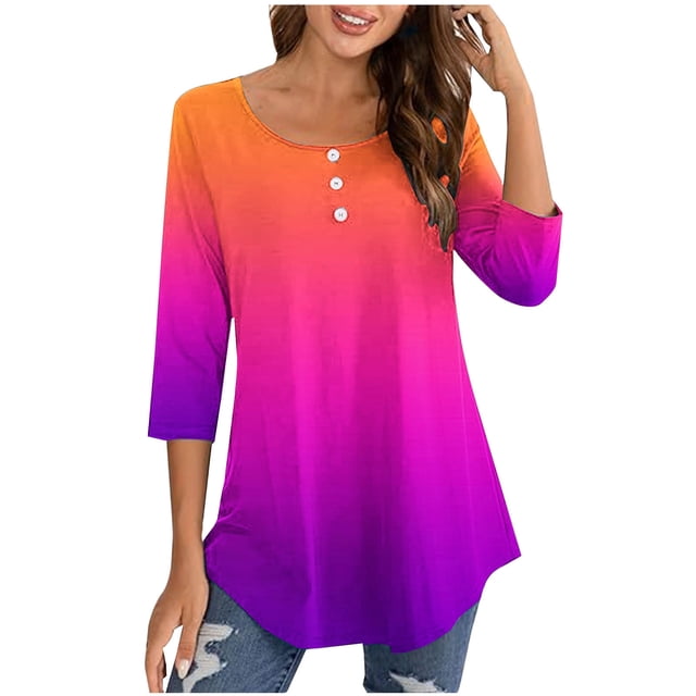 Birdeem Blouse for Women Womens Round Neck 3/4 Sleeve Button Up Top
