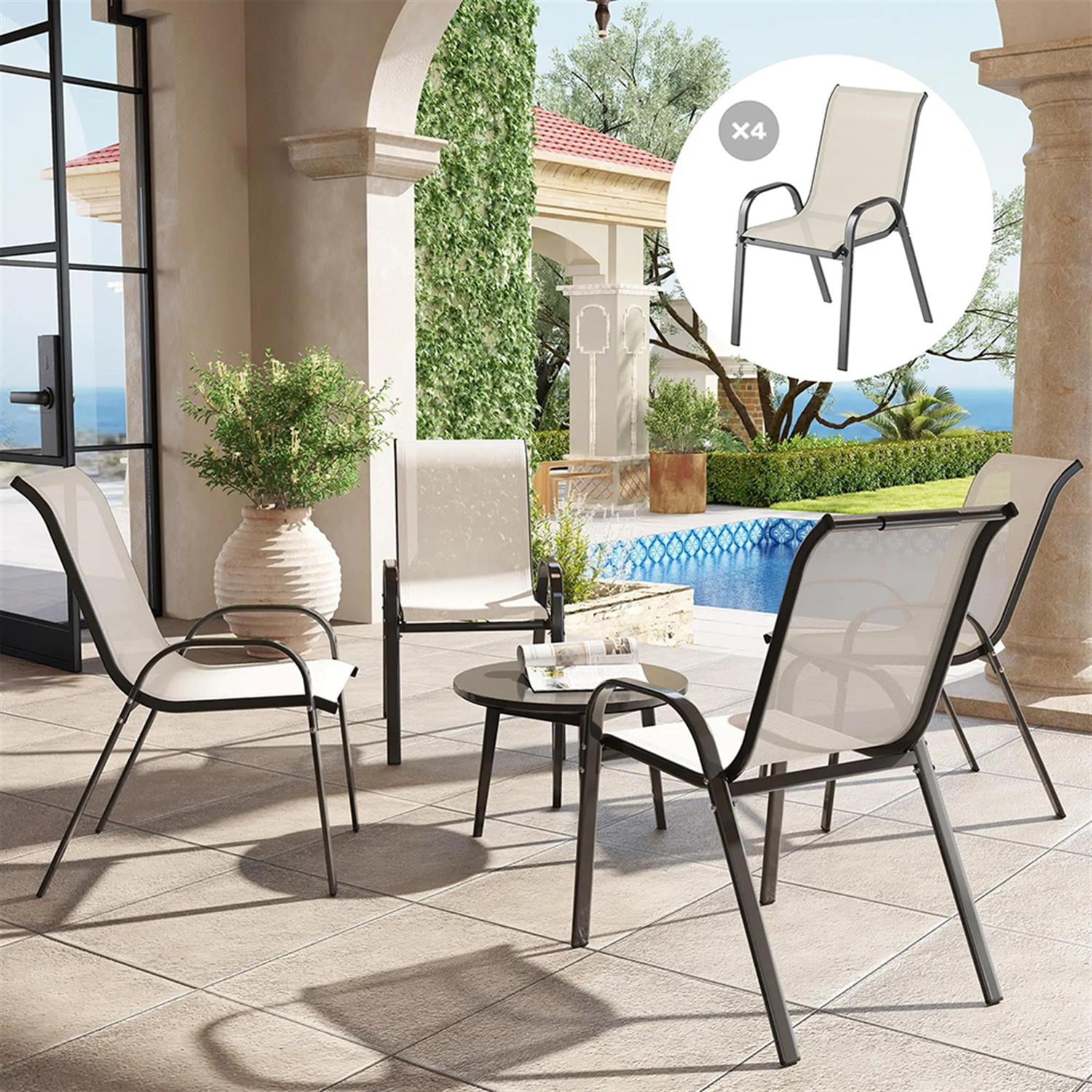 Demi Bonn Outdoor Dining Chairs Set of 4, Stackable Patio Chair with High Back, Breathable Mesh Seat for Garden, Backyard, Deck, Porch, Lawn, Beige