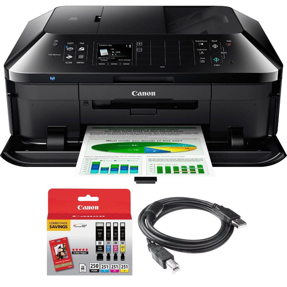 Canon PIXMA MX922 Wireless Inkjet Office All-In-One Printer + Canon Genuine  PGI-250 BK,CLI-251,4 Inks + Printer Cable
