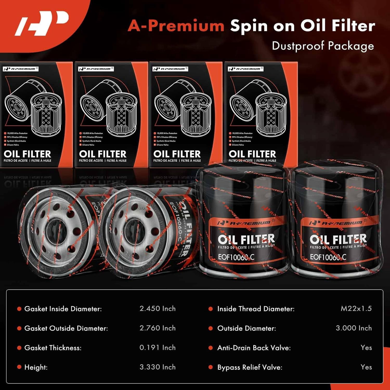A-Premium 4-PC 10K Miles Protection Spin On Oil Filter Compatible with Chevrolet & GMC & Volkswagen & Jeep & Dodge & Mazda & Chrysler & Buick & Mitsubishi & Cadillac & Suzuki & Saab & Freightliner