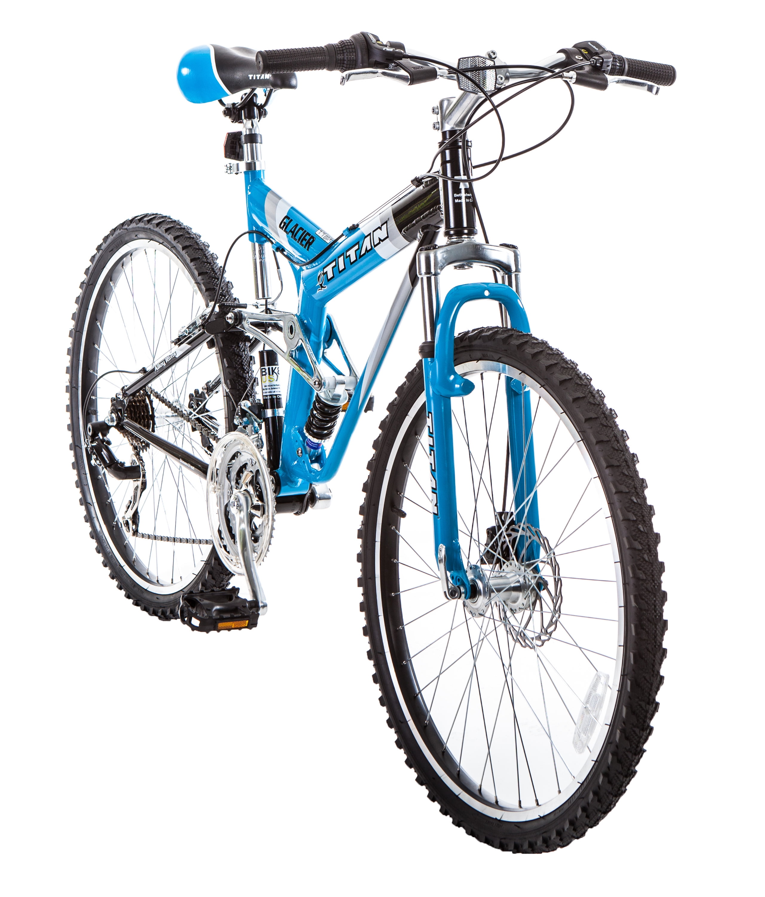 TITAN Glacier Pro Alloy Dual Suspension All Terrain Mountain Bicycle 21 Speeds 19 Frame Sky Blue