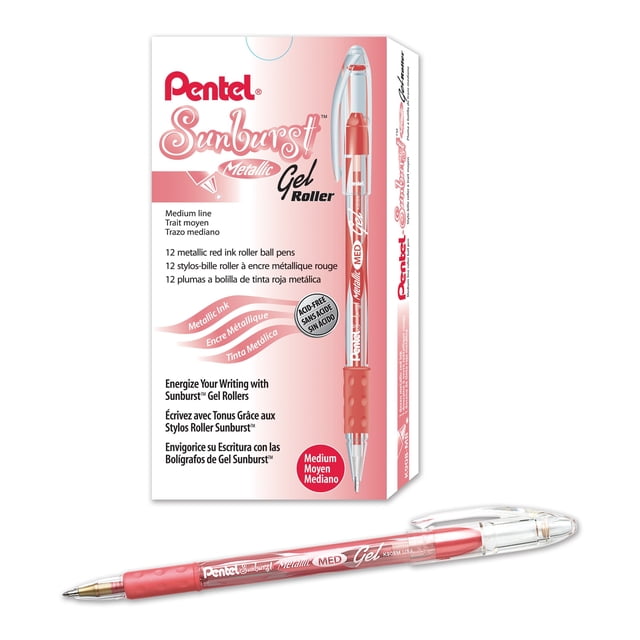 Bolígrafo de Gel Metálico Pentel Sunburst 0.8 mm Tinta Roja Paquete de 12