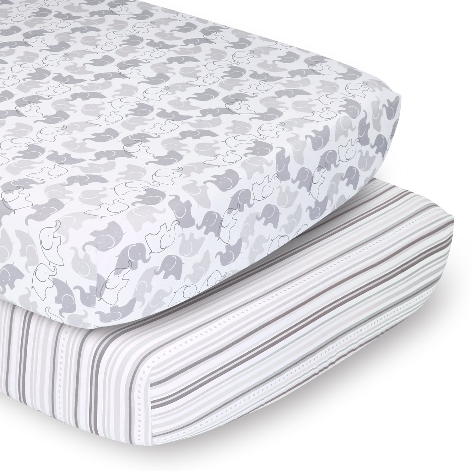 The Peanutshell Fitted Crib Sheets for Boys or Girls, 2 Pack Set, Elephant Walk and Grey Stripe