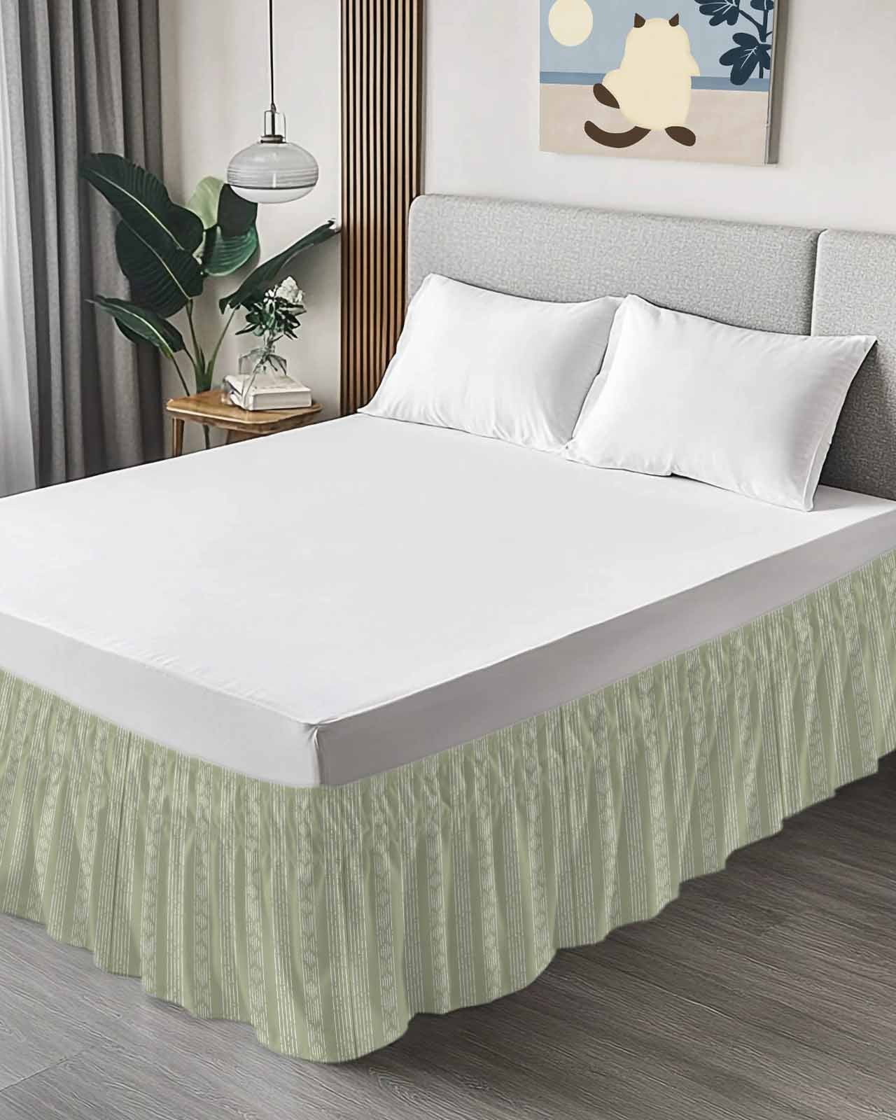Vintage Bohemian Bed Skirt Farmhouse Tribe Art Green White Bed Skirts King Size 16 Inch Drop, Wrap Around Dust Ruffle&nbsp;Bedskirt with Adjustable Elastic Belt for Queen Size Beds