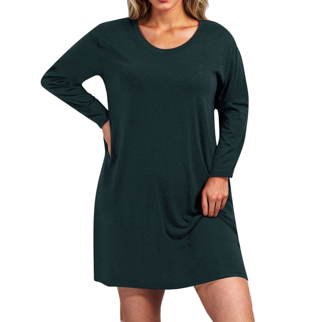 cfhntfmh Robes Mini pour Femmes Grande Taille Douces à Manches Longues Robe T-Shirts Décontractée Ample Col Ras du Cou Couleur Unie Robe d'Automne