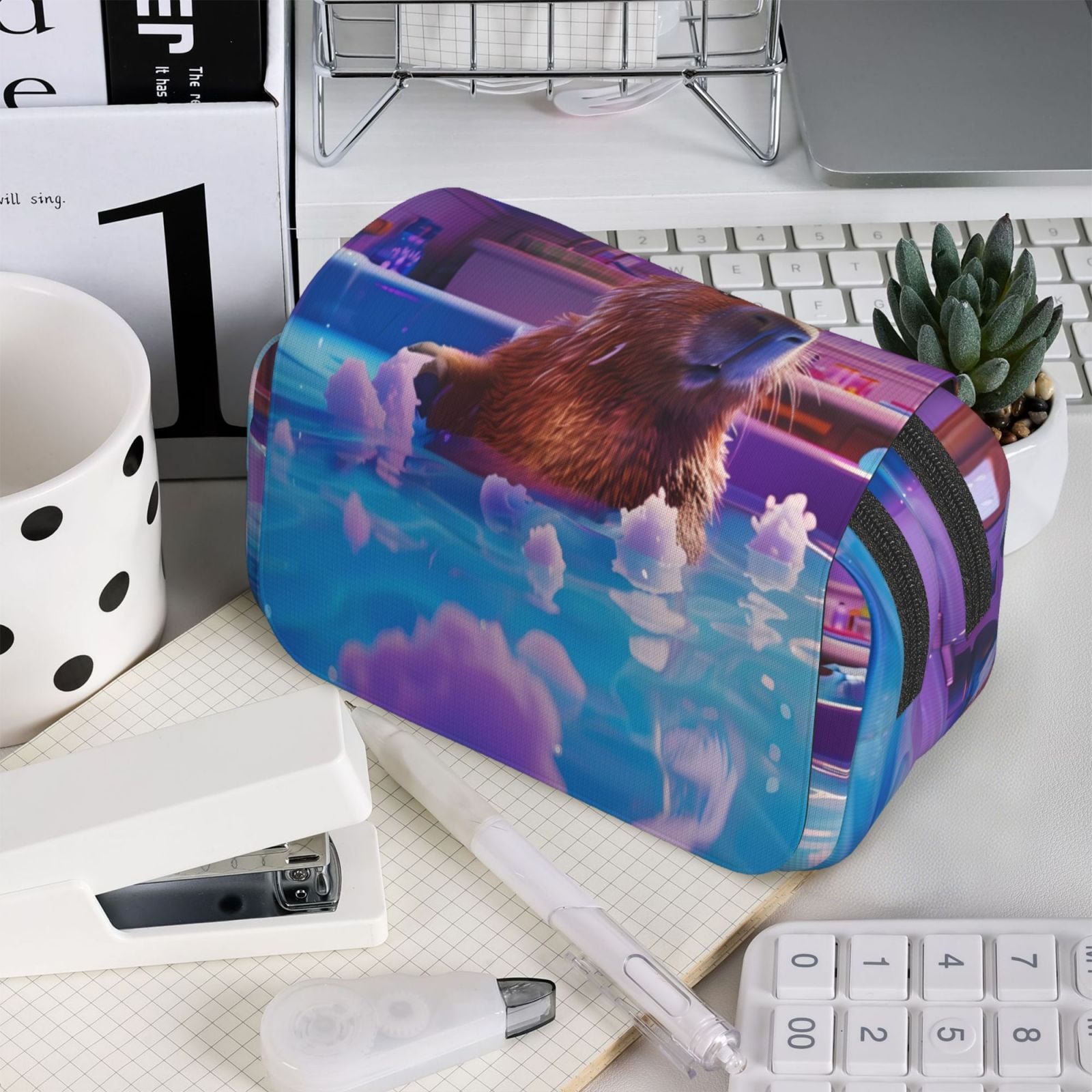 Rateoe Capybara Bathtub Fun Pattern Double Clamshell Pen Case, Storage Organizer with Two Zipper Compartments– Holds Up to 50 Pencils & Pens