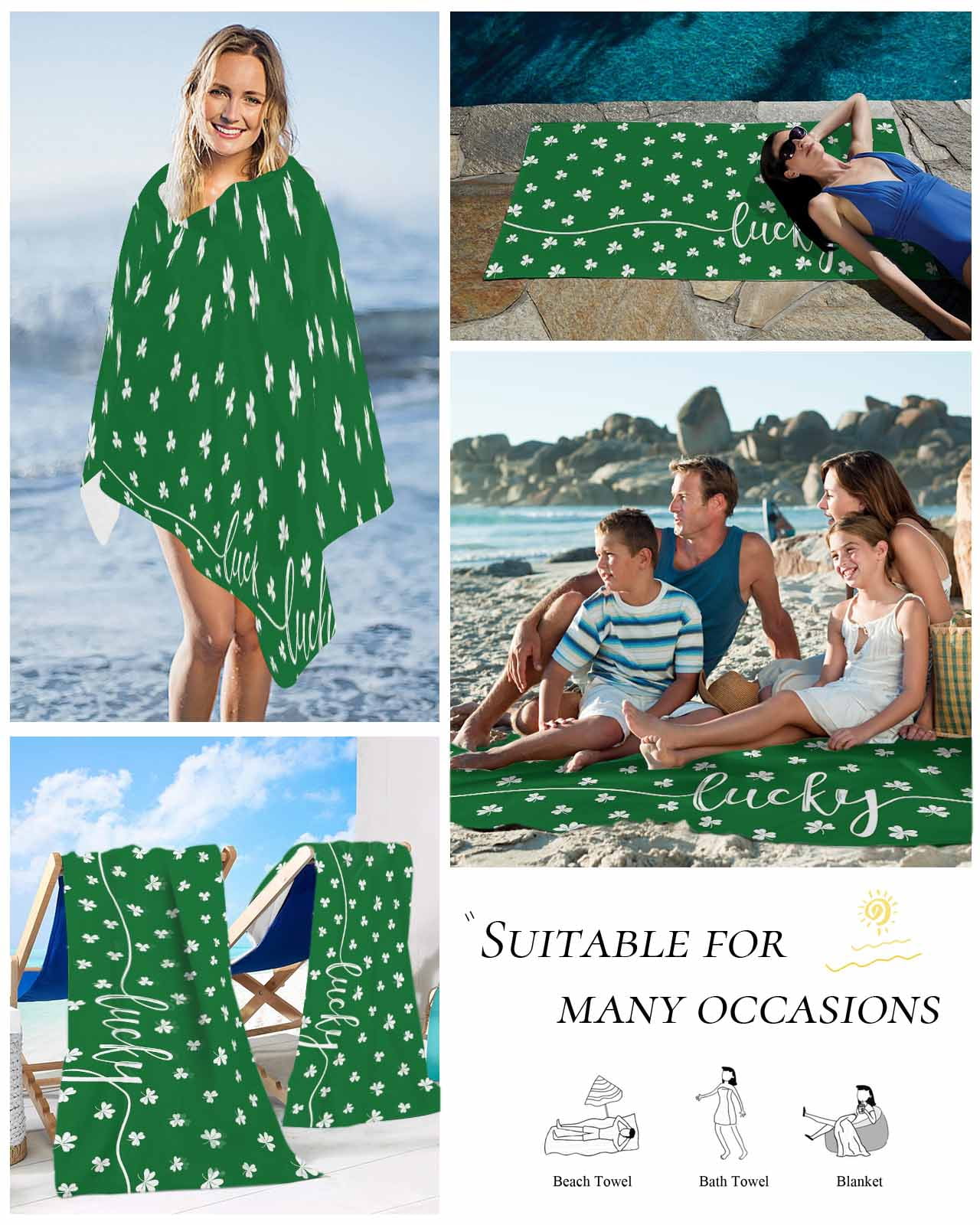 Lucky Shamrock, Beach Towels Oversized Super Absorbent, St. Patrick's Day Irish Clover Green Lightweight Bath Towel Quick Dry Sets For Bathroom/Pool/Rv Camping/Beach Play/Gym Room/Picnic 35"x70"