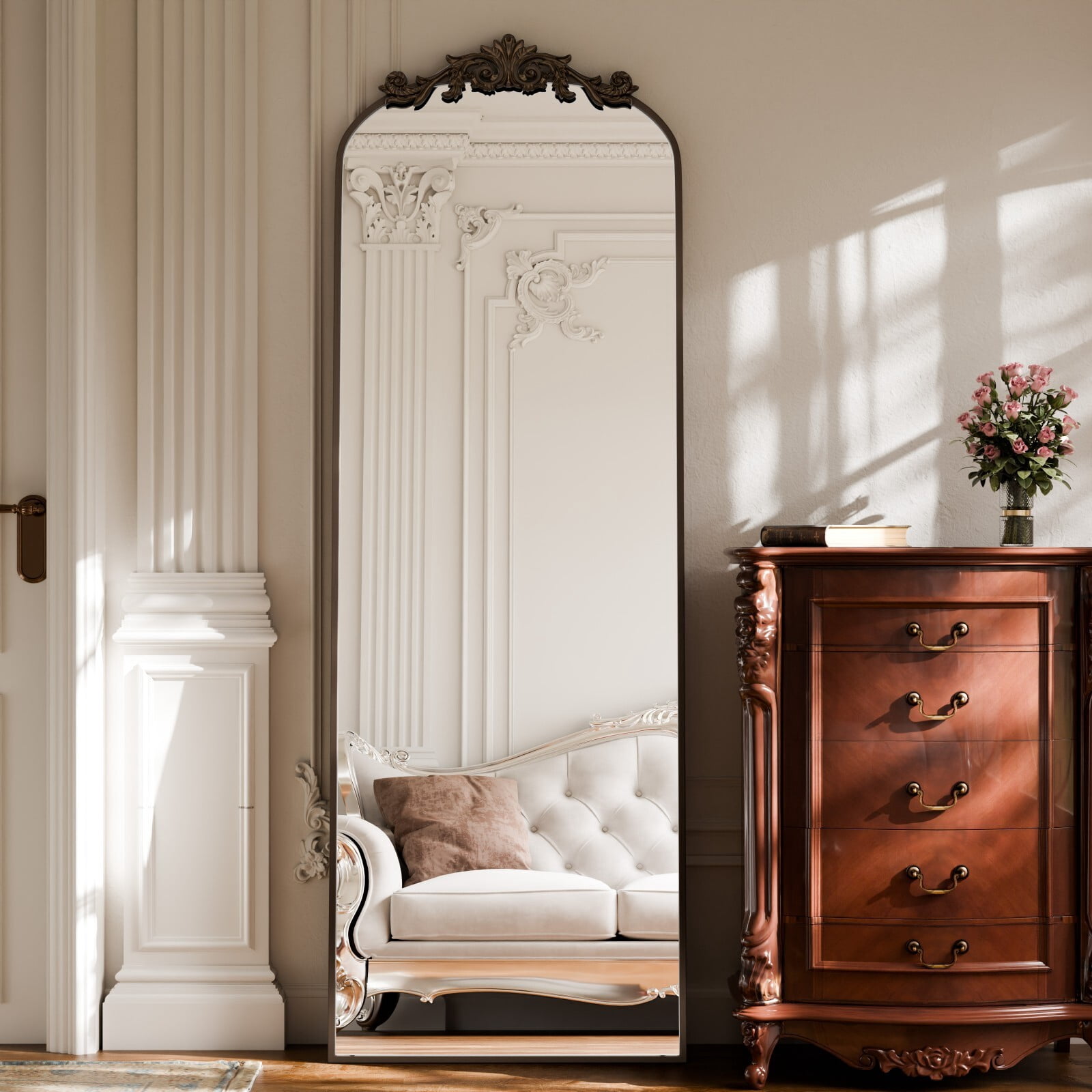 Easy4Home 66"x21" Vintage Arched Full Length Mirror Standing Floor Mirror with Baroque Style Carving Metal Frame, Antique Bronze