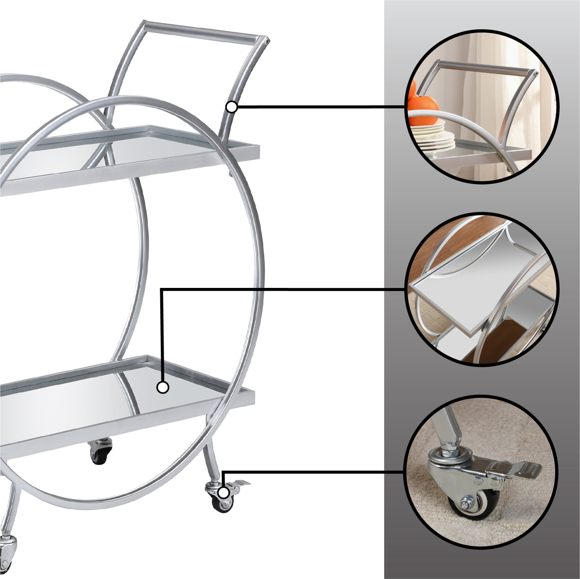 FirsTime & Co. Silver Odessa Mirrored Bar Cart, Glam, Metal, 27.5 x 14 x 33 in