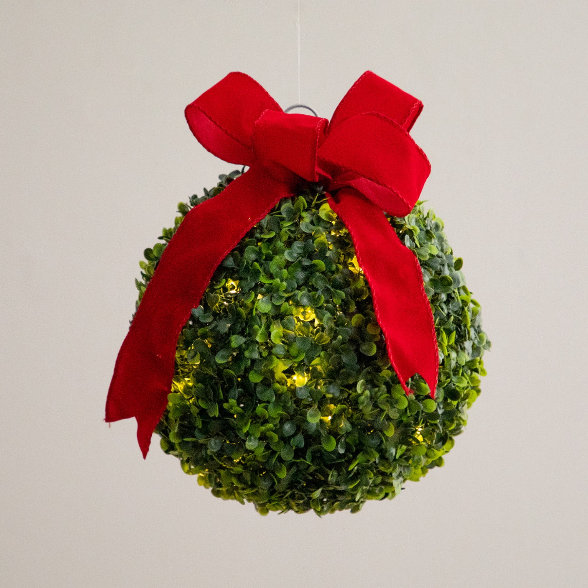 12in. Pre-Lit Artificial Christmas Hanging Boxwood Ornament Ball with Red Bow and 40 LED Lights