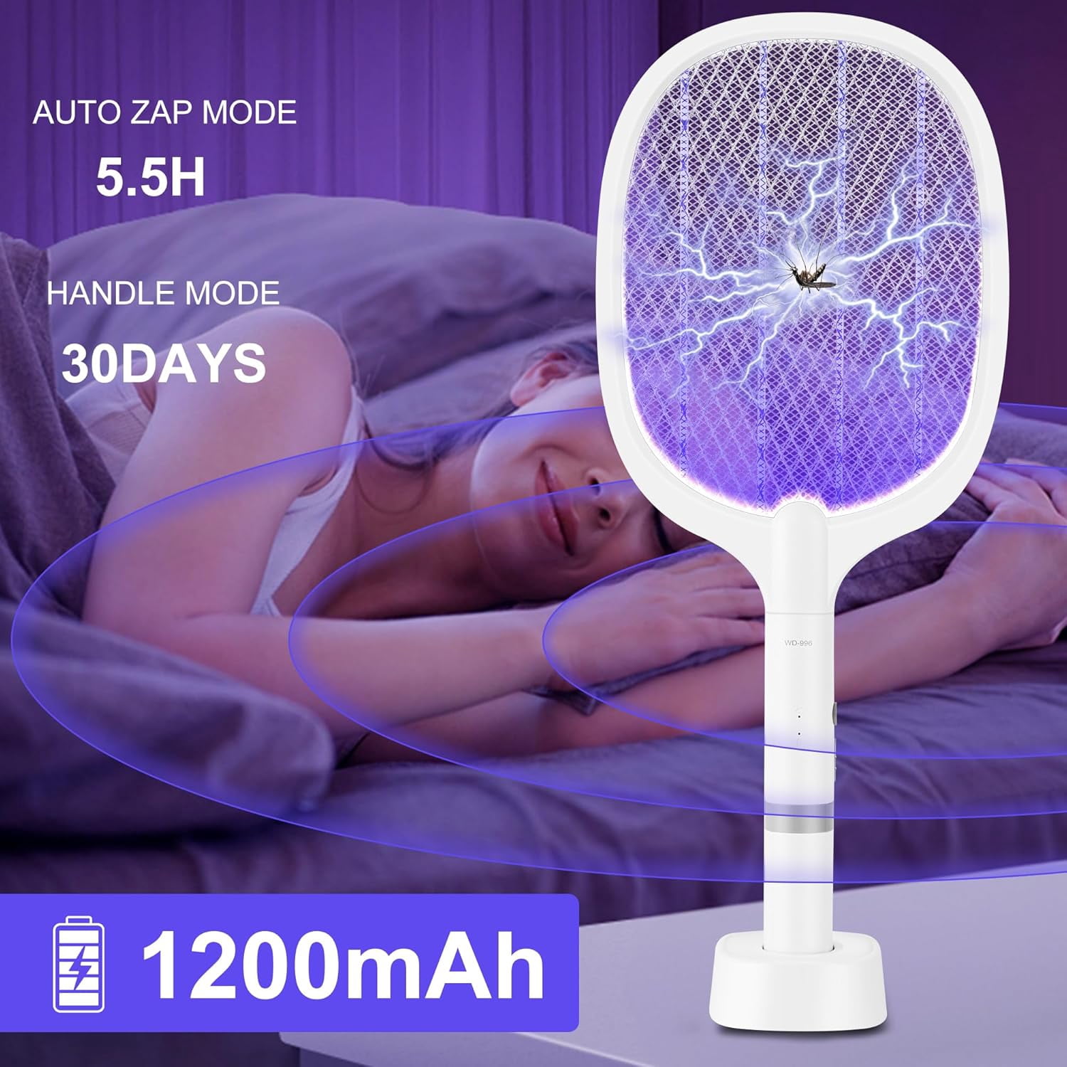 Electric Fly Swatter Racket, 4000V Bug Zapper Racket Rechargeable Fly Zapper Dual Modes Mosquito Swatter Portable with Purple Light & 3-Layer Safety Nets for Indoor & Outdoor, 1 Pack