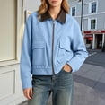thumbnail image 2 of OIOLOYJM Womens Corduroy Jackets Causal Contrast Collar Zip Up Long Sleeve Comfortable Cropped Jackets Fall Winter Casual Vintage Basic Outdoor Coat with Pockets Sky Blue XS, 2 of 5