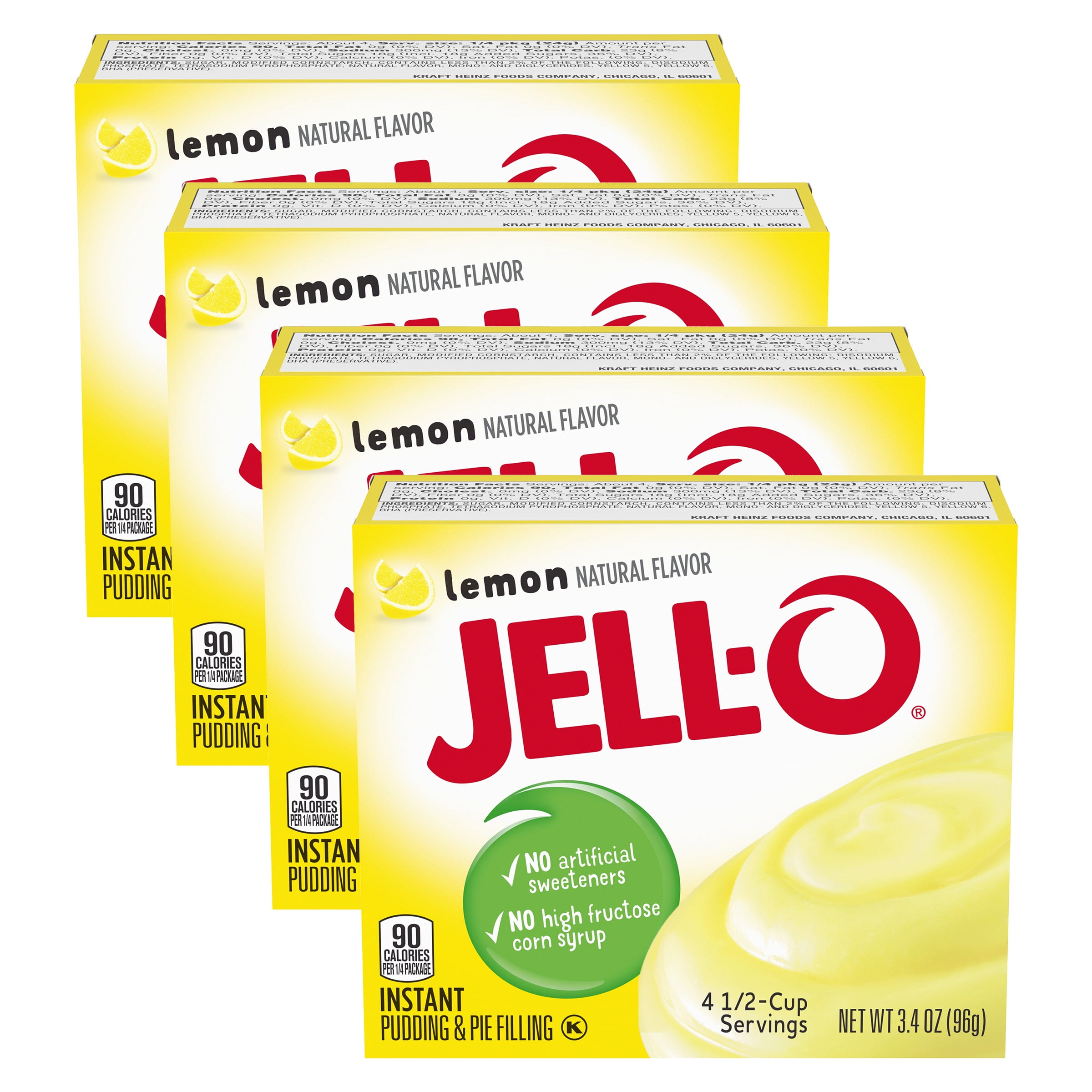 JellO Lemon Instant Pudding Mix, 3.4 oz Box (Pack4)