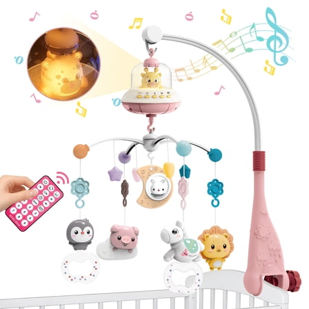 Sunforu Remote Control Crib Mobile with Music & Rotating Star Light Projector, Detachable Hanging Animal Toys for Newborn Baby Girls & Boys Nursery Decor