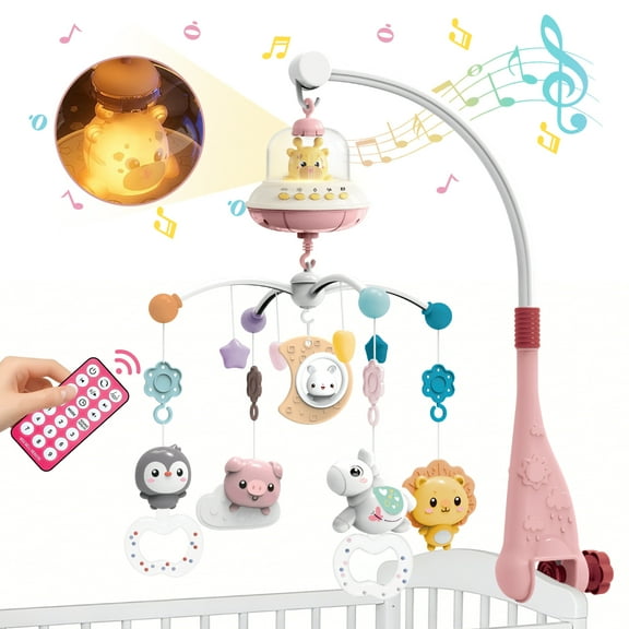 Sunforu Remote Control Crib Mobile with Music & Rotating Star Light Projector, Detachable Hanging Animal Toys for Newborn Baby Girls & Boys Nursery Decor