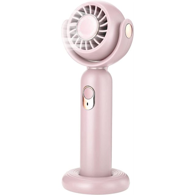 Mini ventilador portátil, ventilador de mano, vientos fuertes, 3 velocidades, rotación de 130°, ventilador de escritorio con base, pequeño ventilador recargable USB, rosa