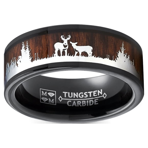 Men's Black Tungsten Hunting Ring Wedding Band Wood Deer Nature 8MM