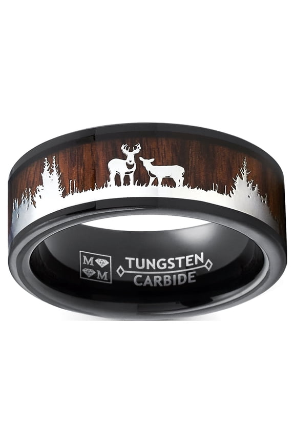 Mens Black Tungsten Hunting Ring Wedding Band Wood Deer Nature 8mm