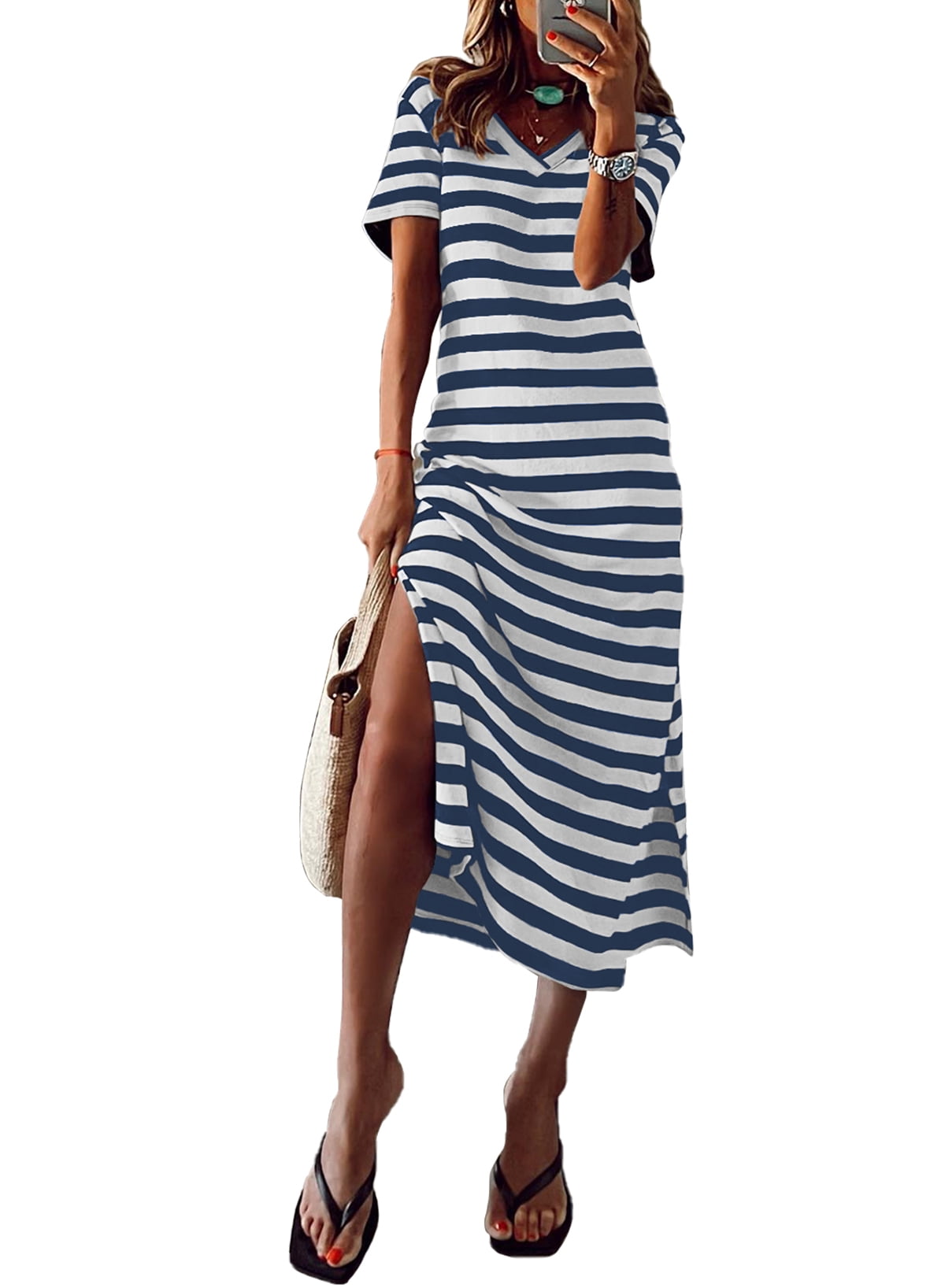 Dearlove Summer Dresses for Women 2023 V Neck Stripe Beach Maxi