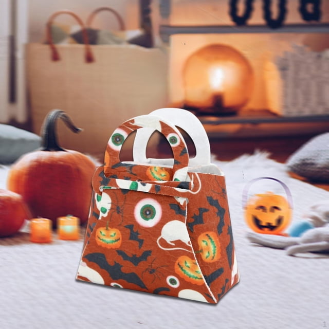 Reusable Halloween Pumpkin Design Candy Collection Tote - Festive Party Decor Trick-or-Treat Bag with Easy-Grip Handle Washable Velour Material Accessory