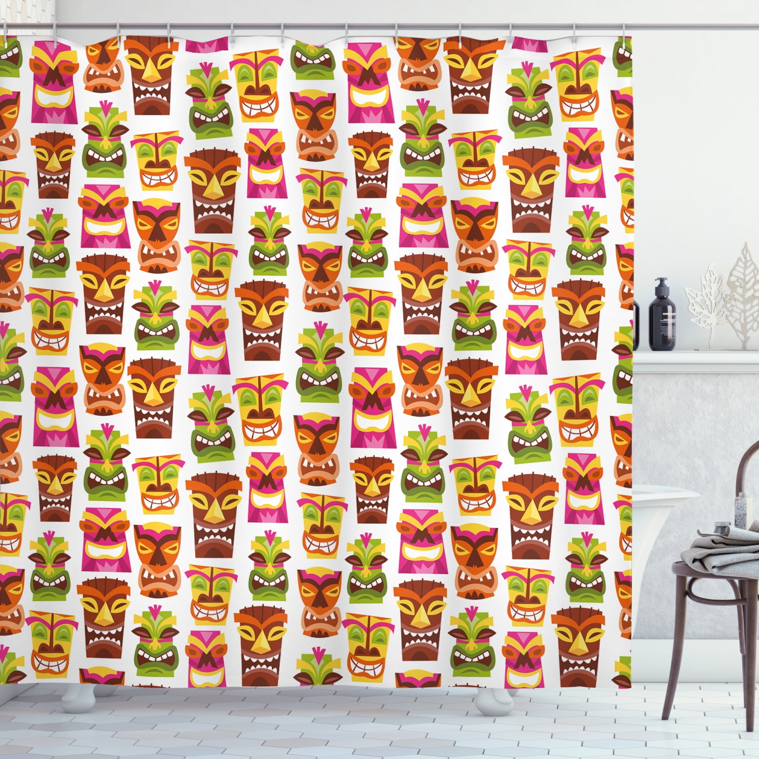 Tiki Bar Shower Curtain, Sixties Retro Inspired Cute Hawaiian Party