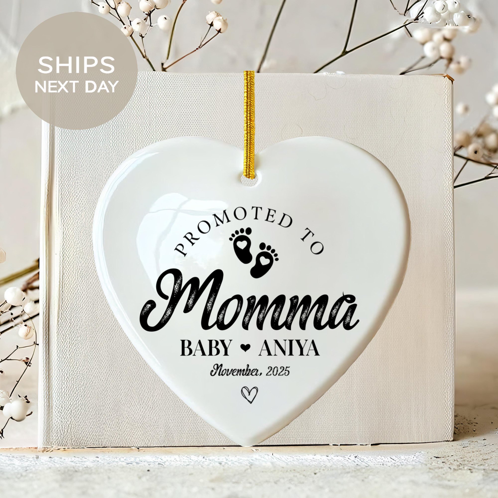 Personalized New Mom Ceramic Ornament with Custom Newborn Name and Newborn Feet Design, Pregnancy Announcement Keepsake and First Christmas Gift for Mom