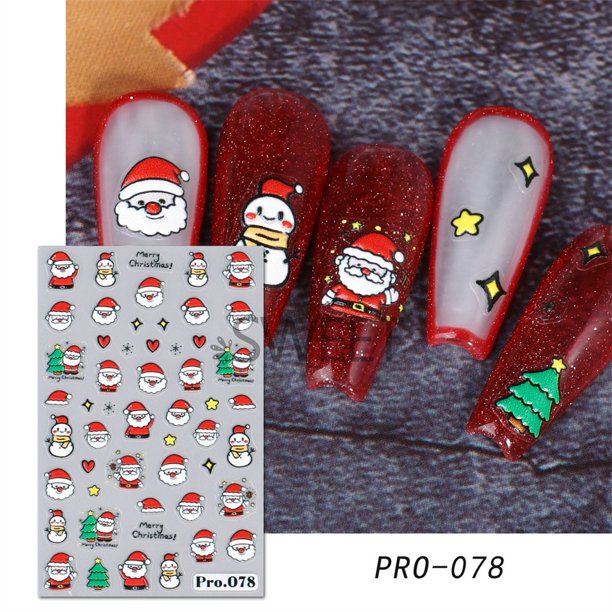 Pegatinas navideñas para decoración de uñas, pegatinas tridimensionales con relieve de copo de nieve, dibujos animados de Papá Noel para uñas (values.mx)