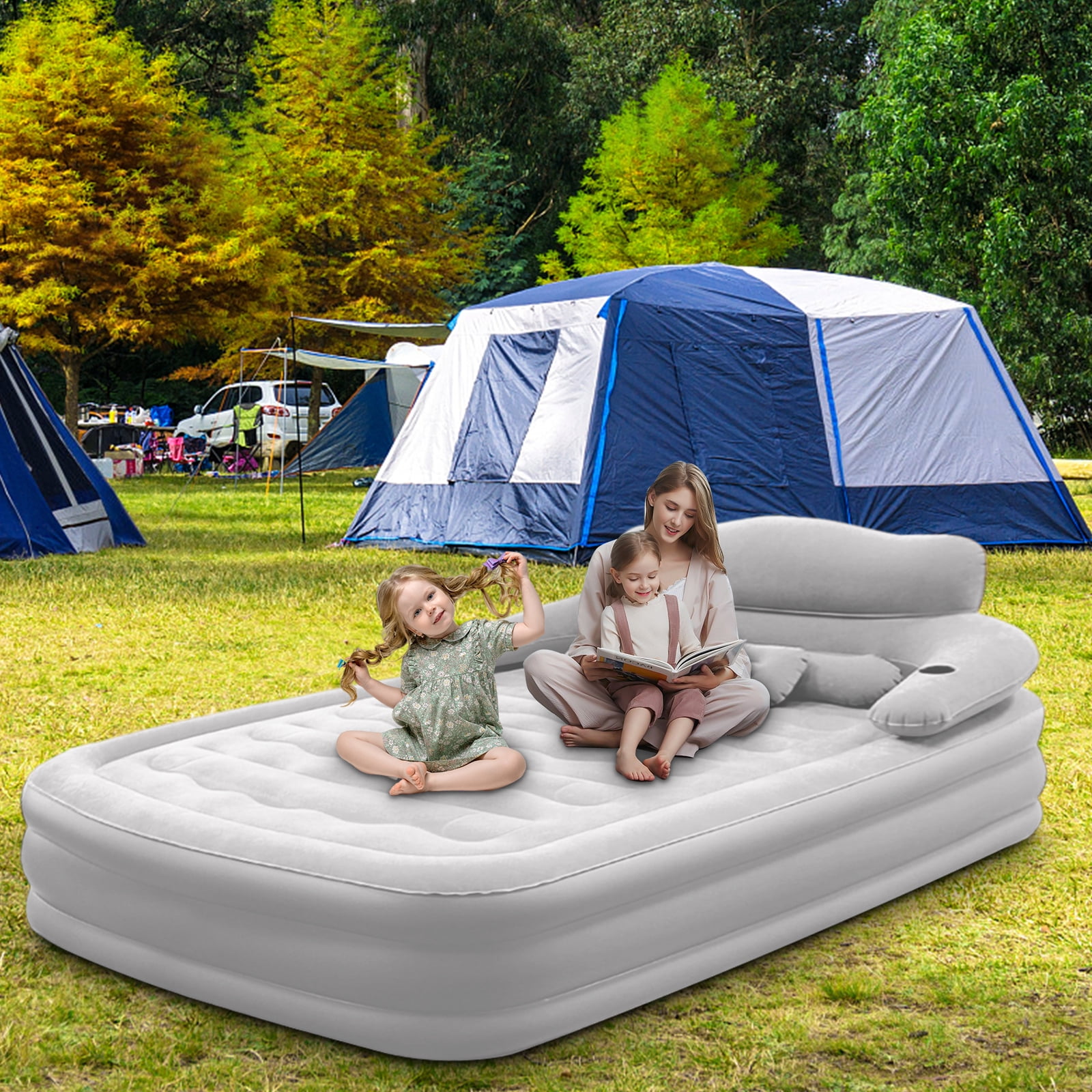 Beuway 19"Queen Air Mattress with Headboard & Pump, Inflatable Portable Comfort Airbed for Travel Home,661lb Max,Gray