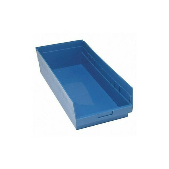 Economy Shelf Bin, nesting, 23-5/8W x 11-1/8D x 4H, (7) divider slots, rear hanglock, molded-in label holder, blue polyropylene, Made in USA
