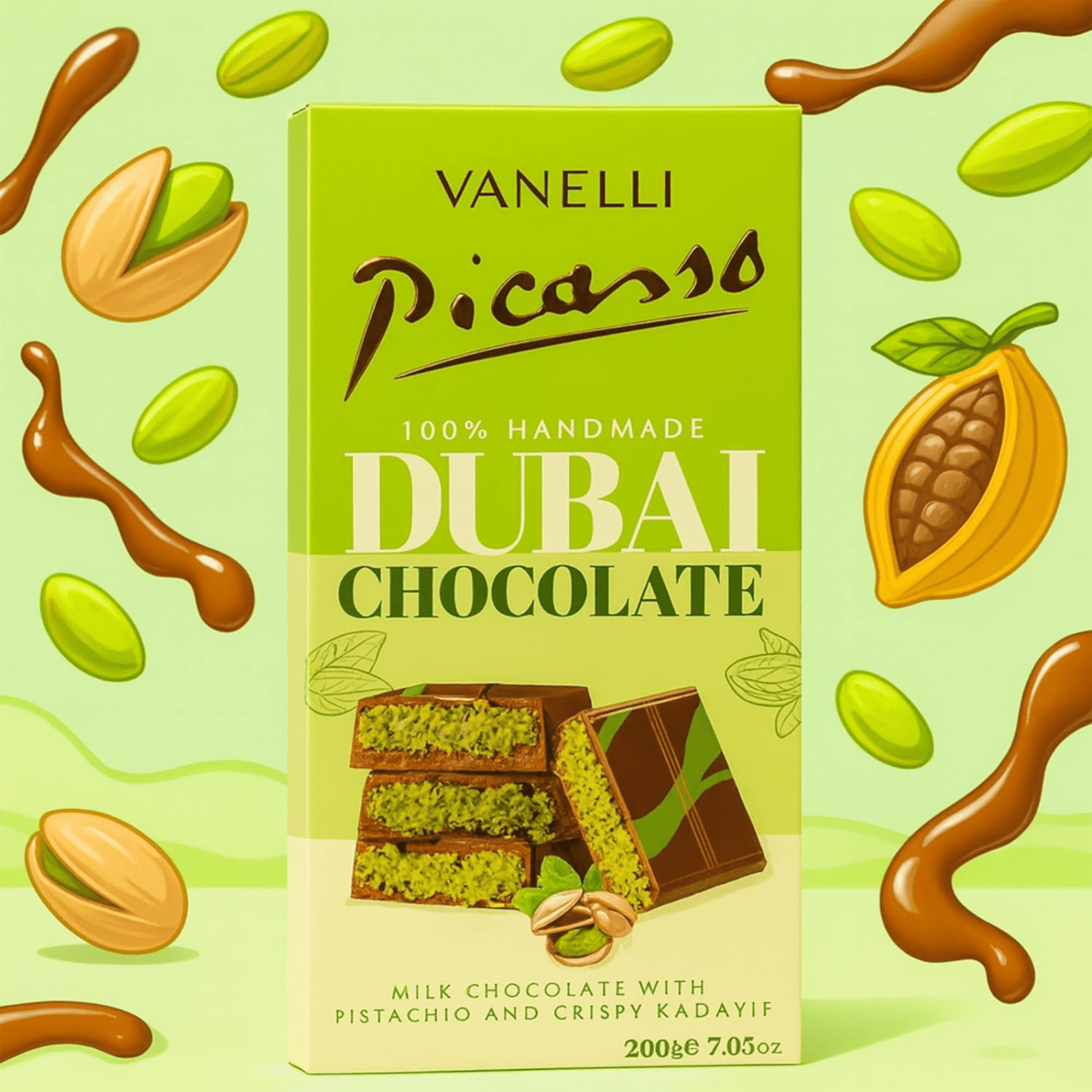 Picasso Vanelli Dubai Chocolate Bar – Premium Imported Milk Chocolate, 7 oz (200g) 6 Pack.