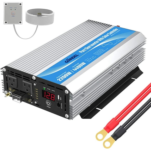 GIANDEL 2200W Pure Sine Wave Power Inverter 12V DC to 110V 120V AC with 20A Solar Charge Control and Remote Control&LED Display and Dual AC Outlets &1x2.4A USB Port for RV Truck Car Solar System