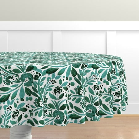 

Cotton Sateen Tablecloth 90 Round - Jade Floral Watercolor Green Emerald Botanical Print Custom Table Linens by Spoonflower