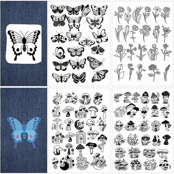1 Set 4 Sheets Flower Butterfly Mushroom Water Soluble Embroidery Stabilizers Hand Sewing Stick and Stitch Transfers Paper Wash Away Pre-Printed Self Adhesive Patterns for Bags Cloth Sewing Lovers