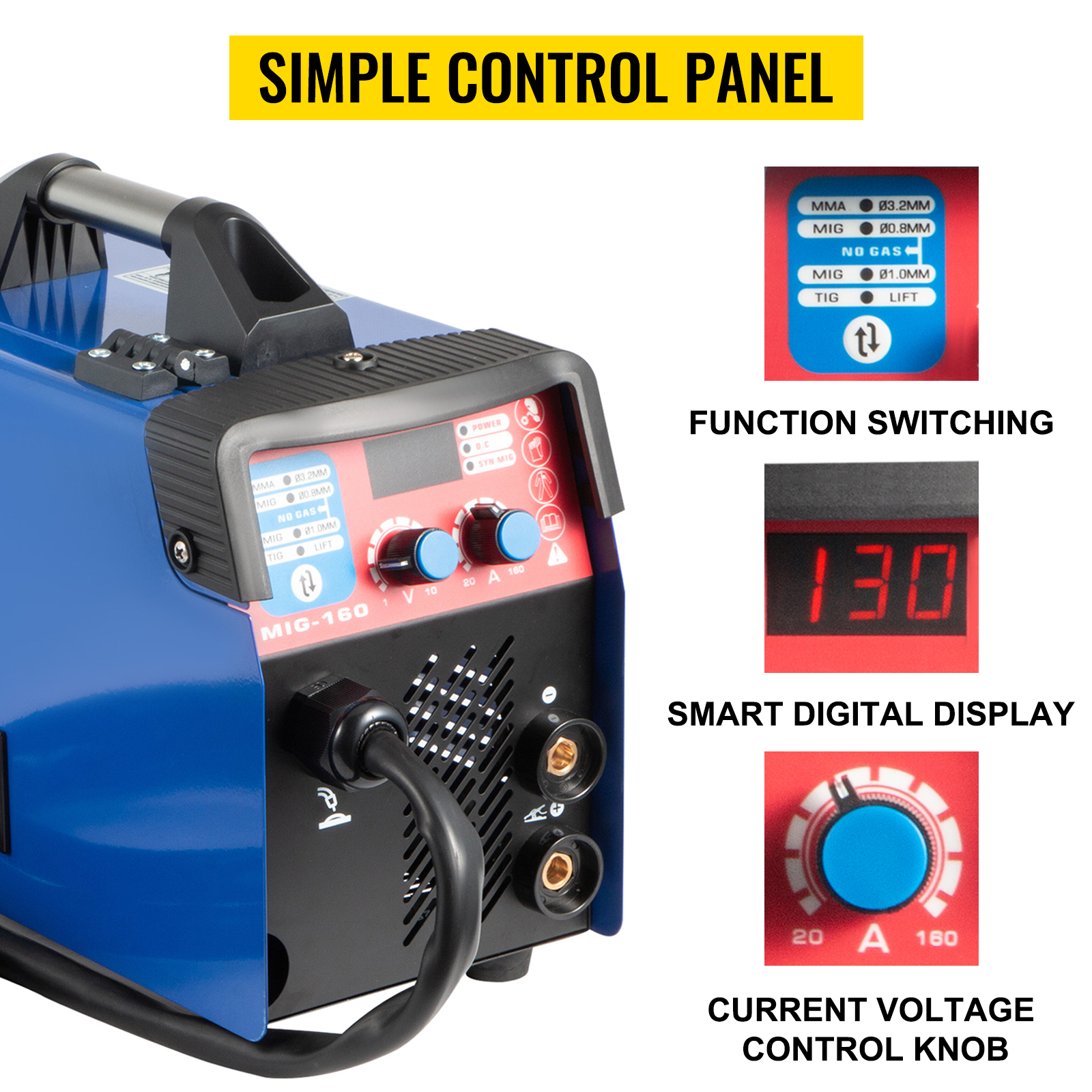 VEVORbrand MIG Welder, 130A Welding Machine, 3 in 1 Combo MMA/ MIG/ LIFT TIG Welder Machine, Flux Core Welder, MIG-130 Portable Welding Machine, mig welding equipment with 1 KG Welding Wire