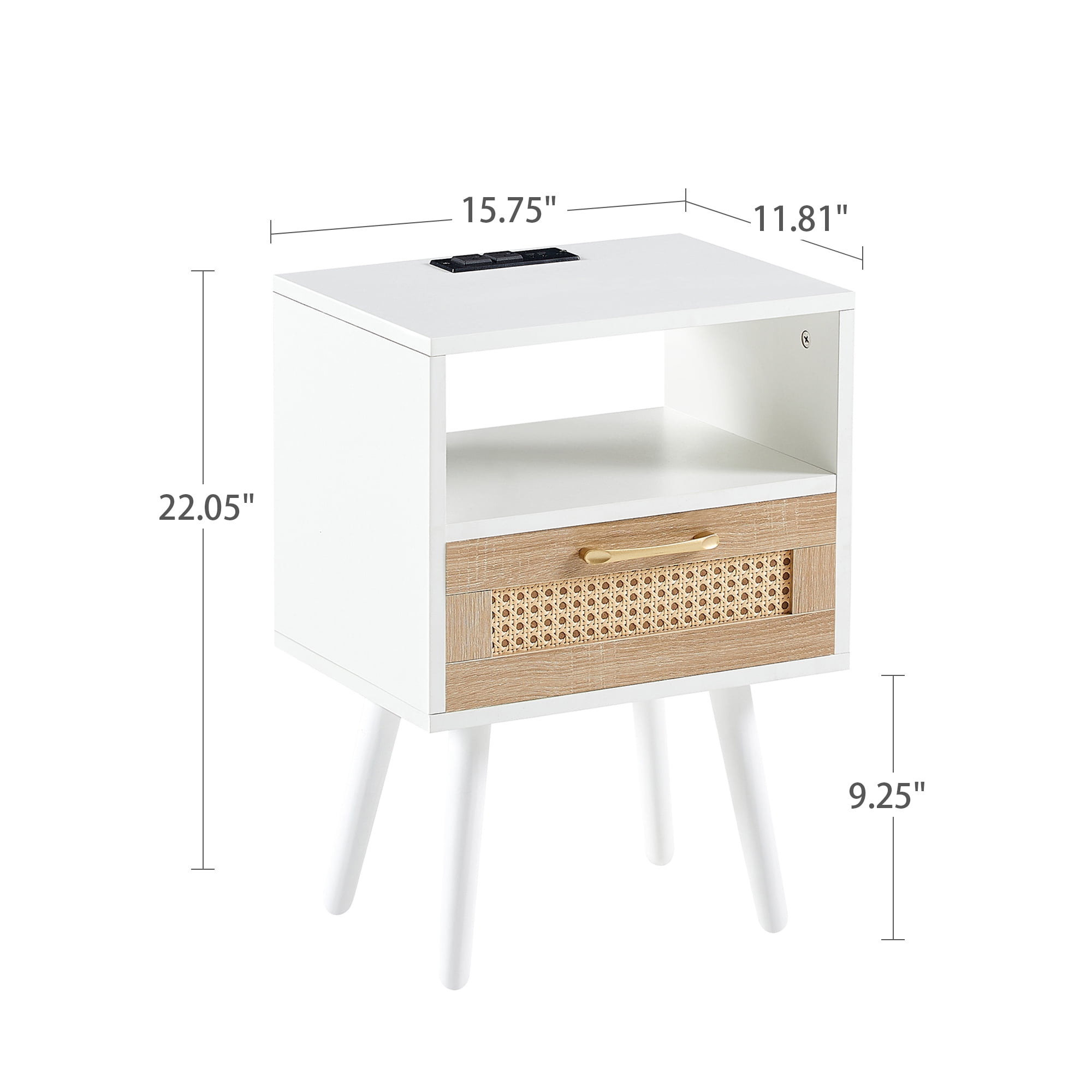MAYEERTY 15.75" Rattan End Table with Power Outlet & USB Ports – Modern Nightstand with Drawer & Solid Wood Legs, White
