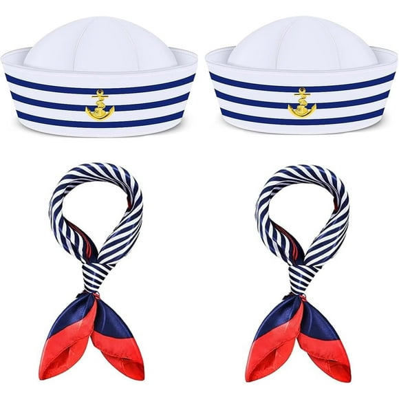 GHSDFBB 4 Pieces Sailor Hats and Scarf Set, Costume Accessory for Navy Masquerade Party,Marine Admiral Adjustable Hat