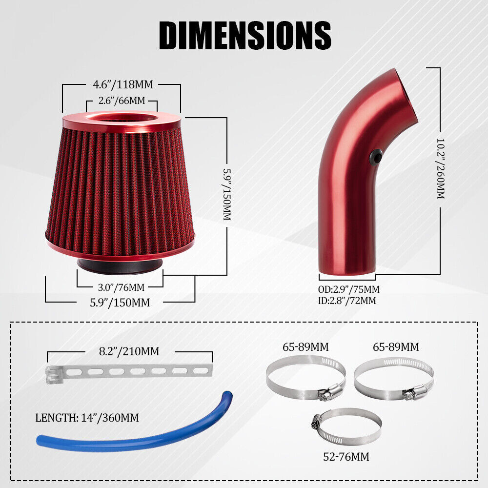 Universal Cold Air Intake Kit – 3" Aluminum Pipe, Washable Filter, Silver, Gloss Finish