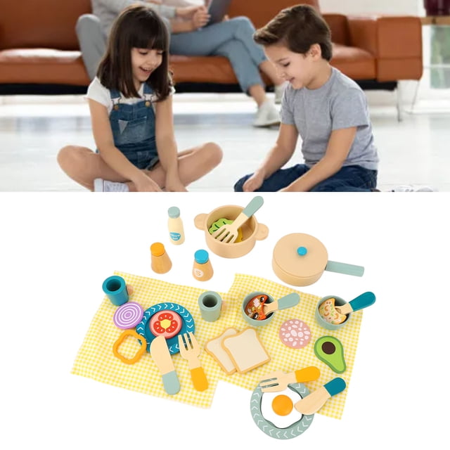 Wooden Play Food Set, Wooden Kitchen Utensils Play Set Bright Color Simulated Scene Safe for Kids