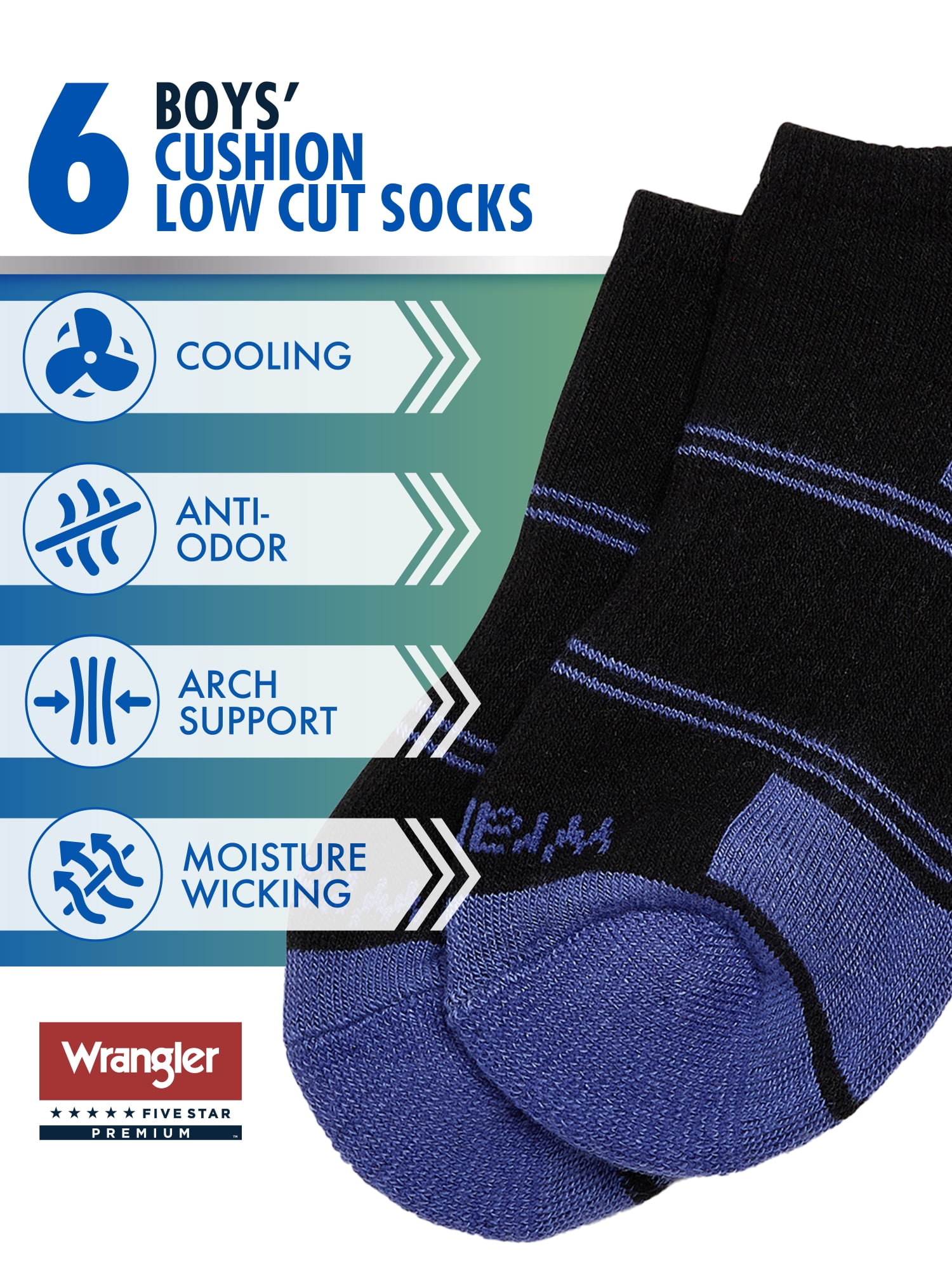 Wrangler Boys' Essentials Cool Comfort Low-Cut Boys Socks, Assorted Cushioned Kids Socks, Large, 6-Pack