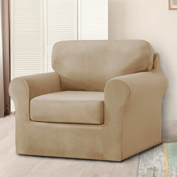 TOPCHANCES 3-Pieces Armchair Sofa Covers, Velvet Stretch Couch Slipcovers for 1 Cushion Sofa, Anti-Slip Furniture Slipcover with Separate Cushion Covers and Backrest Covers (Khaki)