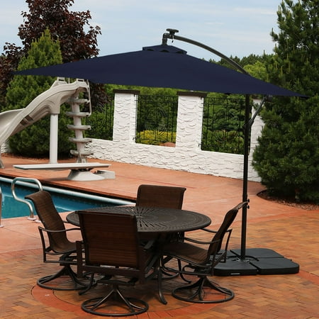 Sunnydaze 10-Foot Offset Cantilever Solar Patio Umbrella with Outdoor LED Lights, Crank, and Cross Base, Navy