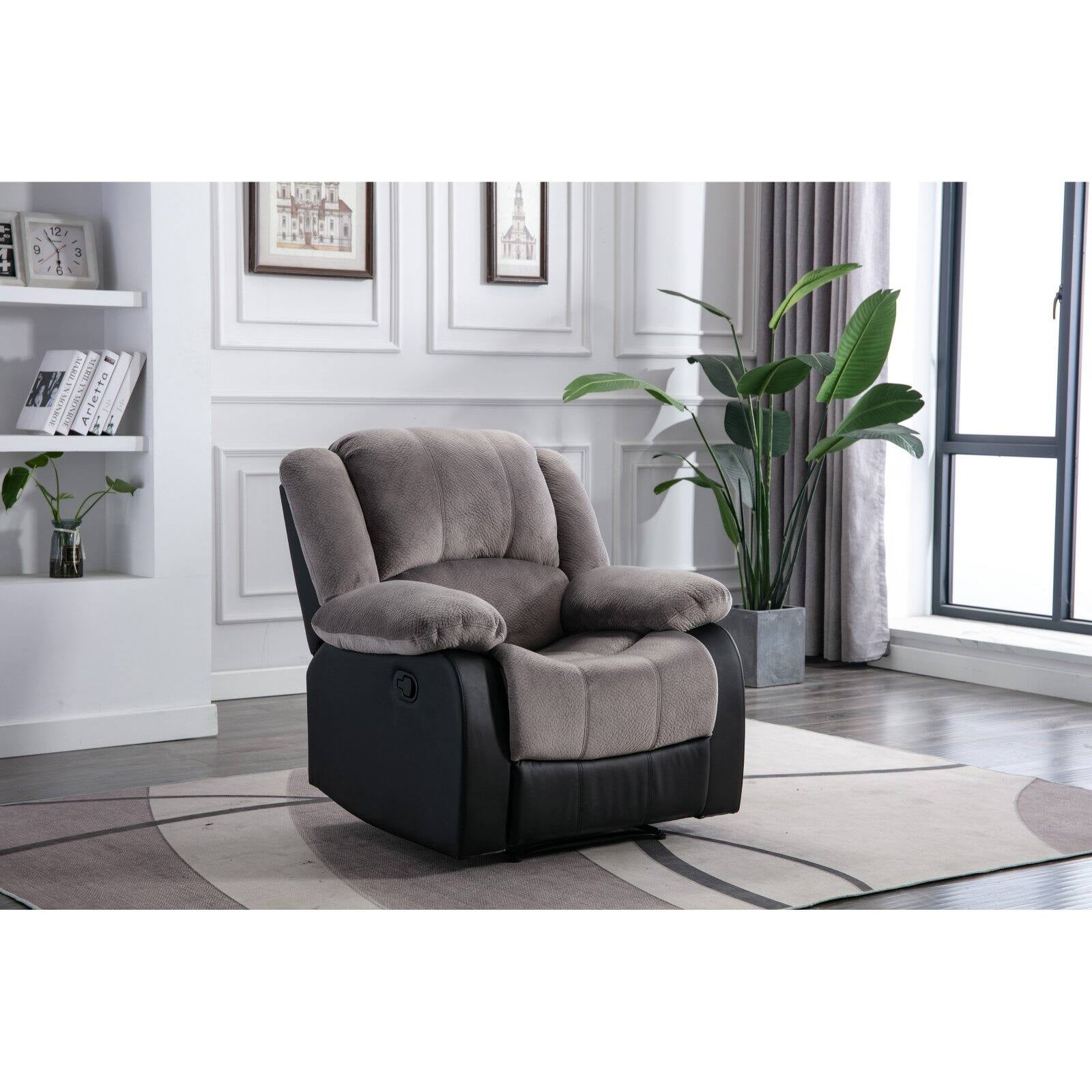 Nathaniel Home Champion Manual Single Reclining Sofa, PU Leather Upholstered Couch, Tufted Recliner, Plush Scoop Seating, for Living Room Home Theater, Beige