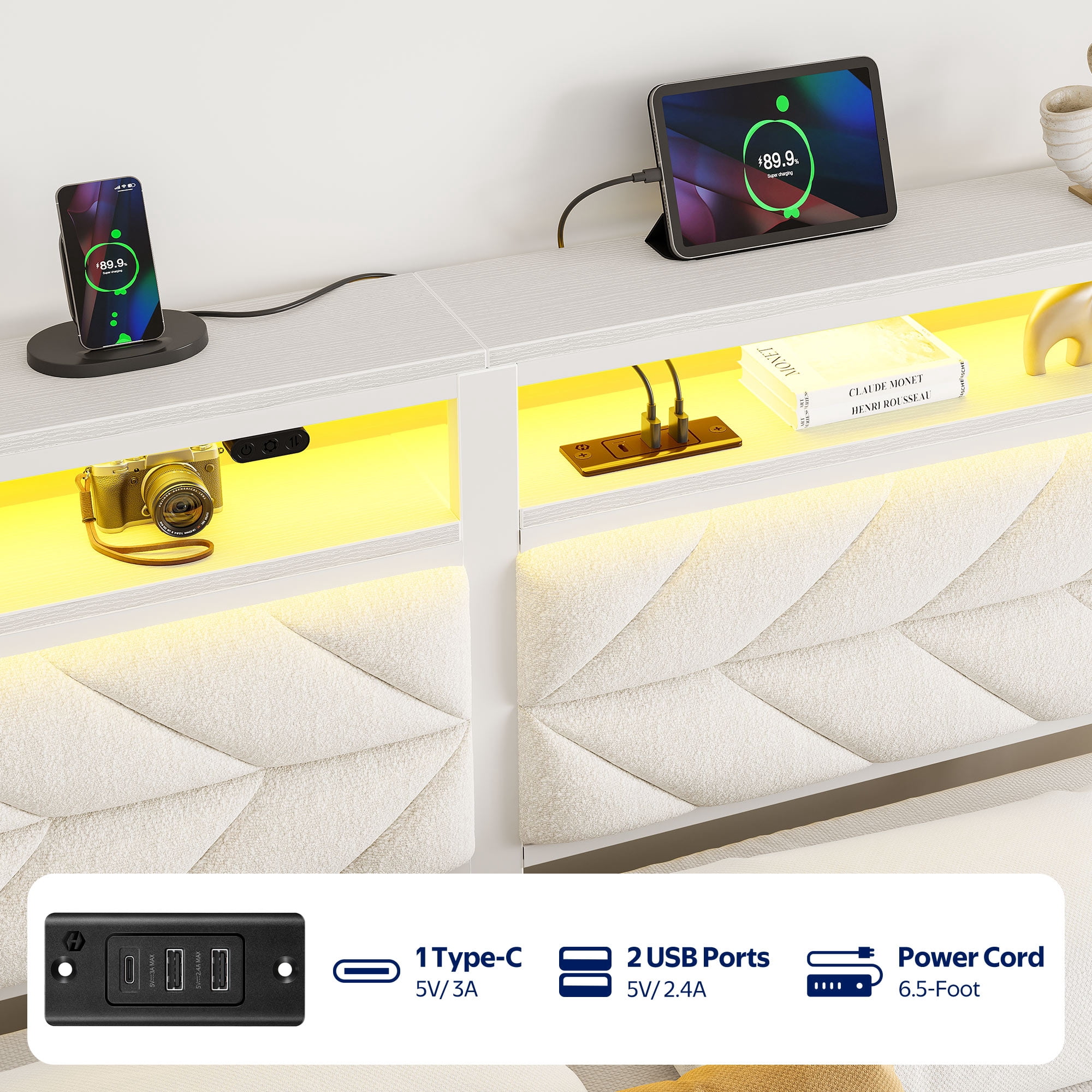 Greenstell King LED Bed Frame with Headboard Storage - Charging Station,Off White