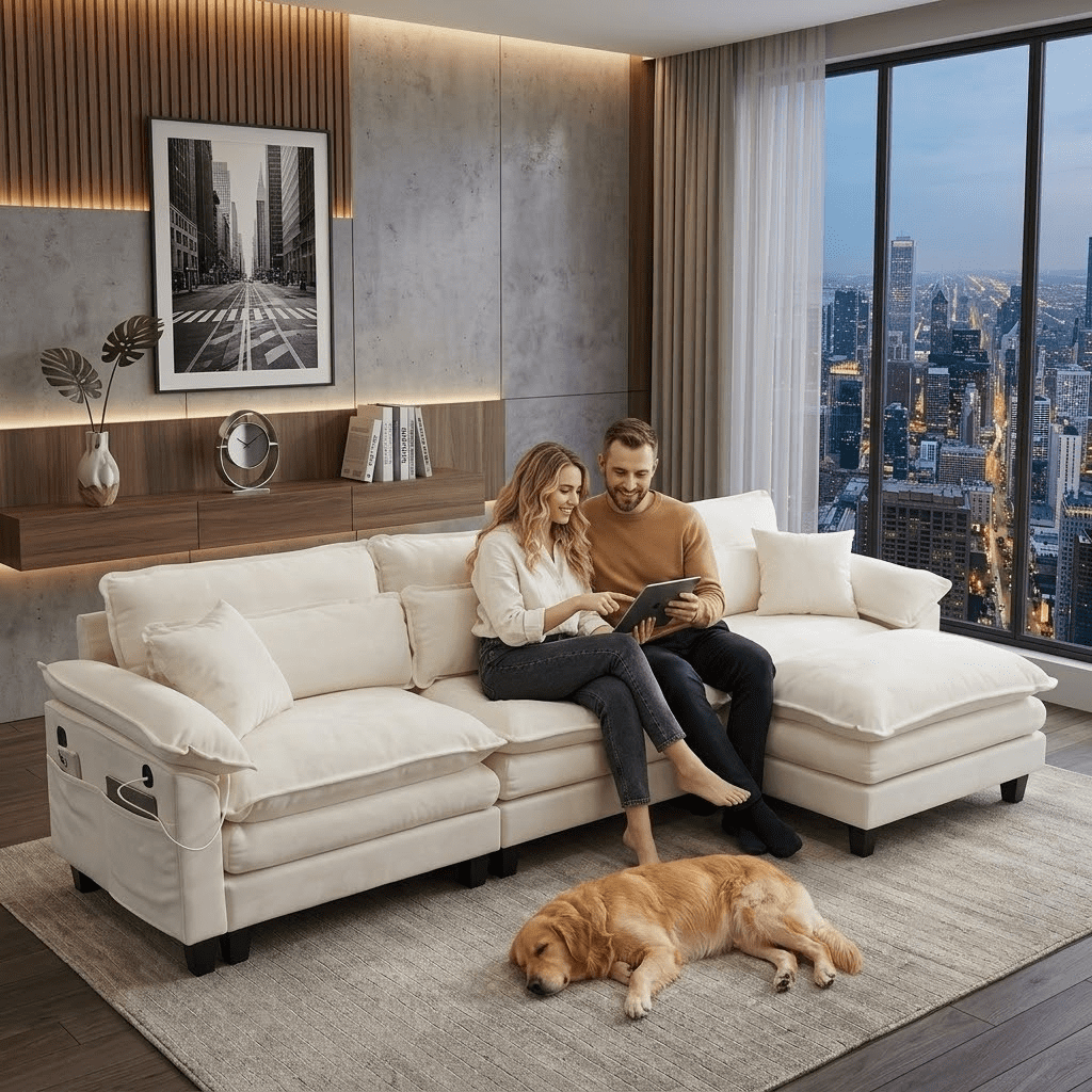 Howcool 113" Modular Sectional Sofa with Movable Ottoman, L Shaped Comfy Cloud Couch, Deep Seat 3-Seat Convertible Sofa, USB Ports & Side Pockets, Chenille Fabric,Beige
